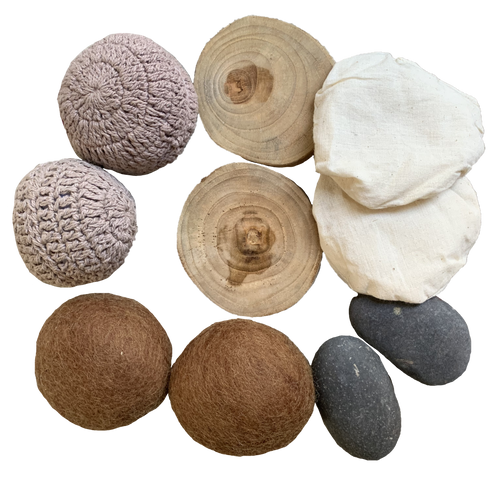 Our sensory pack contains 5 different items, 2 of each for many play and learn opportunities. All natural components.