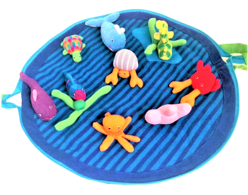 This ingenious pouch becomes the play mat for the six animals that live inside.
Made from hand loomed cotton and can be hand washed in warm water.
When finished playing, the pouch can be zipped up with the creatures inside, another skill to learn for little hands.