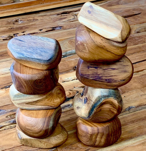 Flintstone Rocks, each piece is made from discarded teak and each piece is unique.
Sizes vary, 8cm long could be average.