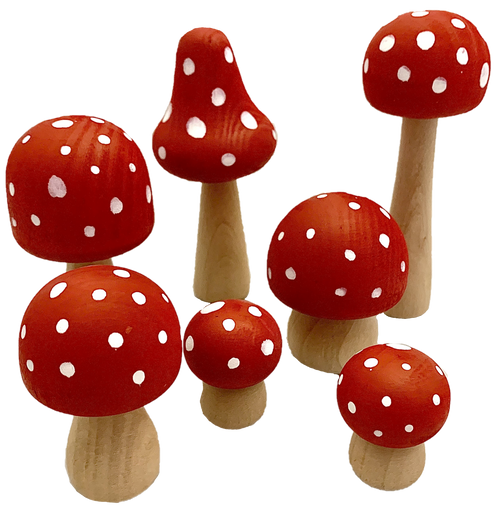 A set of 7 hand painted wood mushrooms