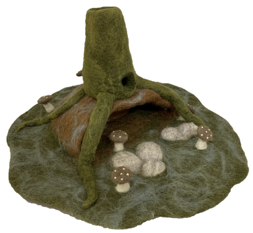 Lost Forest Play-mat. The mysterious cave can house all kinds of creatures, a felt rock inside the cave keeps it open. The tree stump is hollow, more hiding places.

The mat is about 47cm diameter and the stump is about 27cm high.