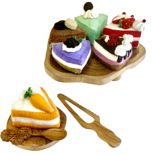 Six delicious slices of cake, plus cake slicer. Plates and spoon not included.