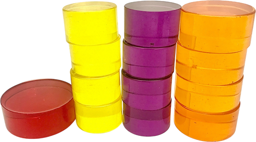 13 Lucite discs/pegs to fir perfectly with our Mandala Board Small. The pegs are 2.5cm thick by 4,5,6cm diameter. Perfect also for light and water play.