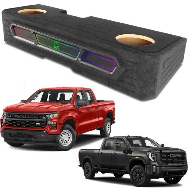 NVX Custom Dual 10" Under-seat Ported Unloaded Subwoofer Enclosure with LED Lighting for 2019-2024 Chevrolet Silverado and GMC Sierra Crew Cab Trucks | BE-GM-19SLVCC-P210 | NVX-BE-GM-19SLVCC-P210 | in Enclosures | Brand NVX Audio