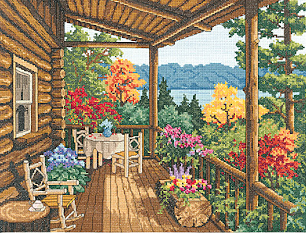 Janlynn Counted Cross Stitch Kit 16x12 Log Cabin Covered Porch (14 Count)