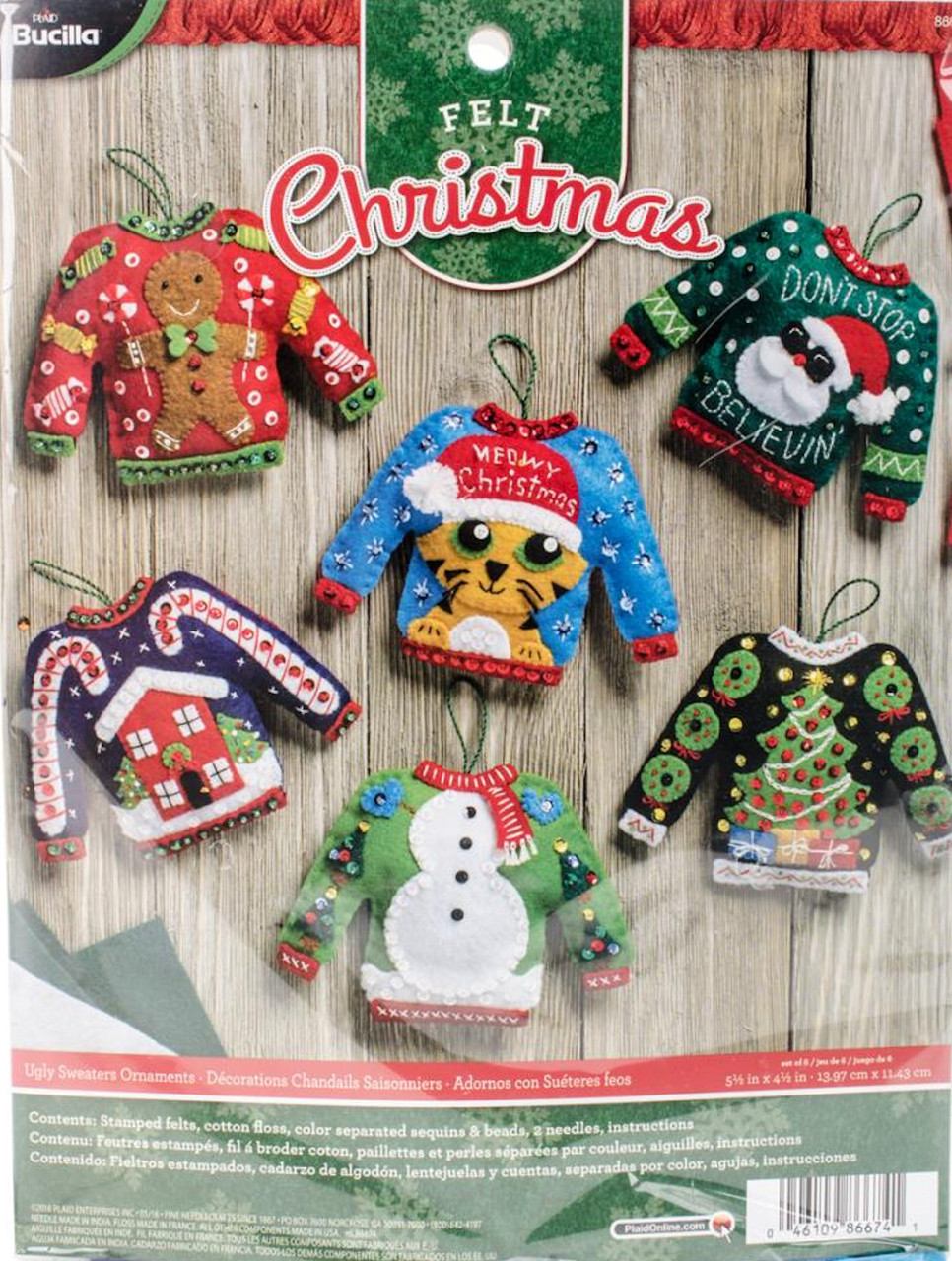 Bucilla Felt Ornaments Applique Kit Set of 6 - Cats in Ugly Sweaters