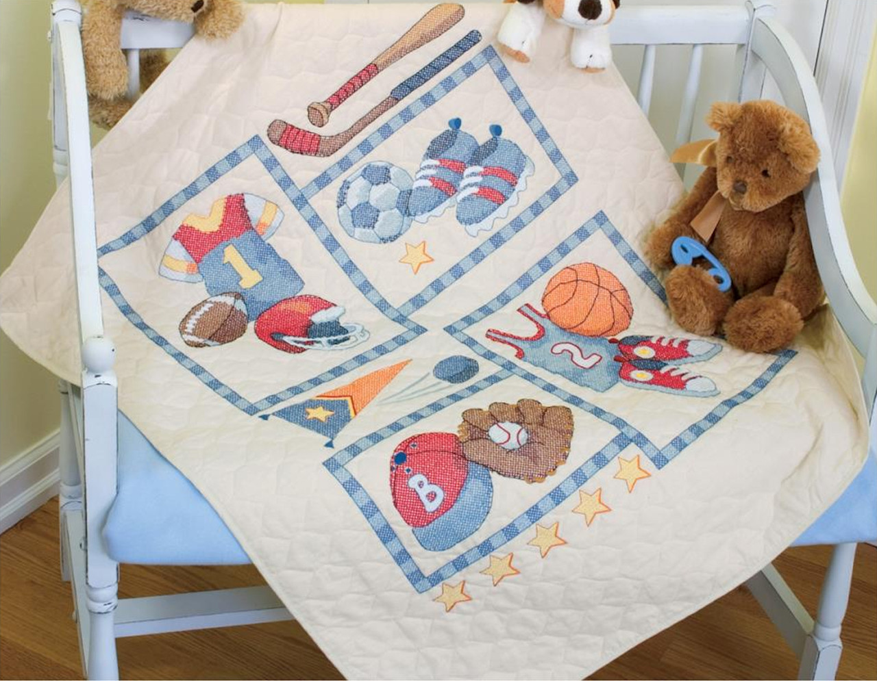 Dimensions/Baby Hugs Quilt Stamped Cross Stitch Kit 34 inch X43 inch -Little Sports