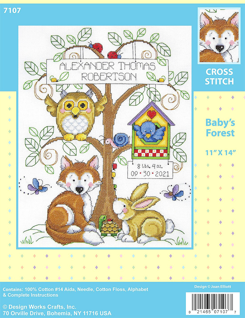 Design Works Stamped Cross Stitch Kit Baby Quilt BABYS FOREST QUILT Pre  Quilted and Bound 34 x 43