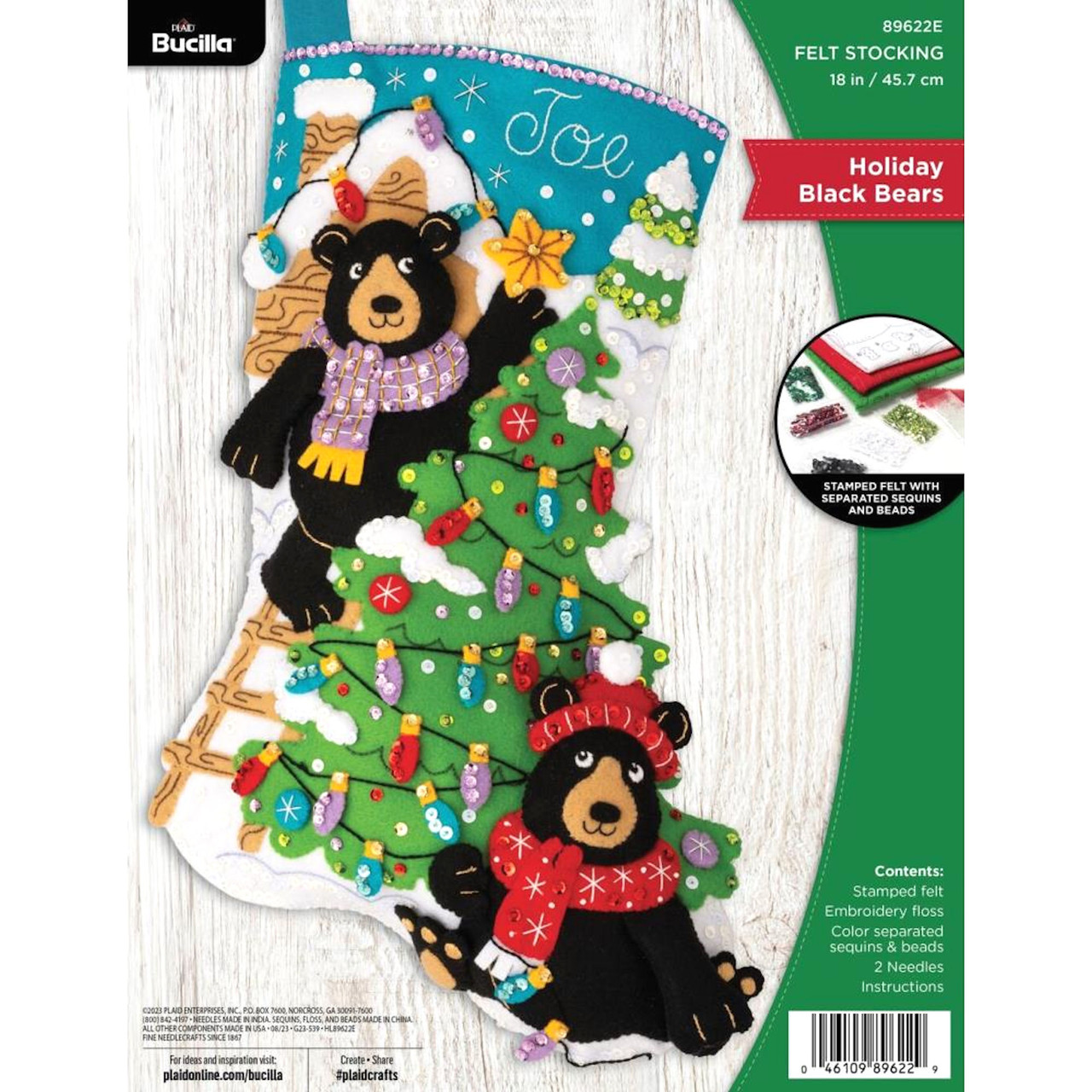 Plaid, Sledding Bears Bucilla 18" Felt Applique Stocking Making