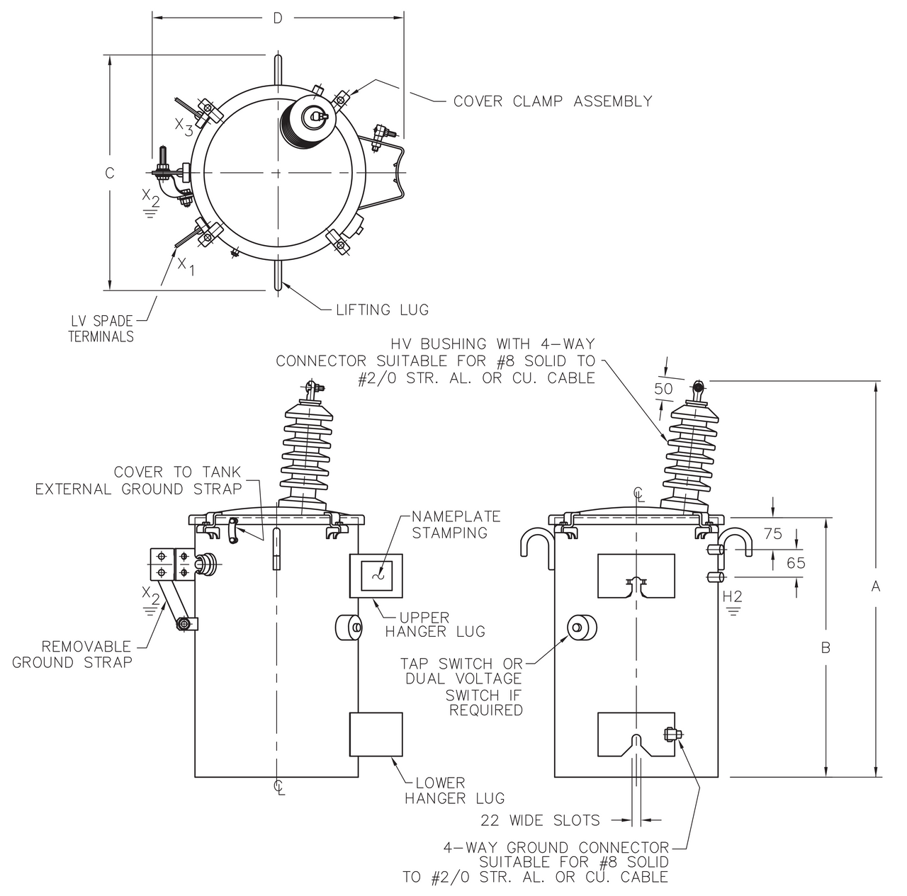 Technical drawing of the outline of a 100 kVA ONAN oil filled transformer