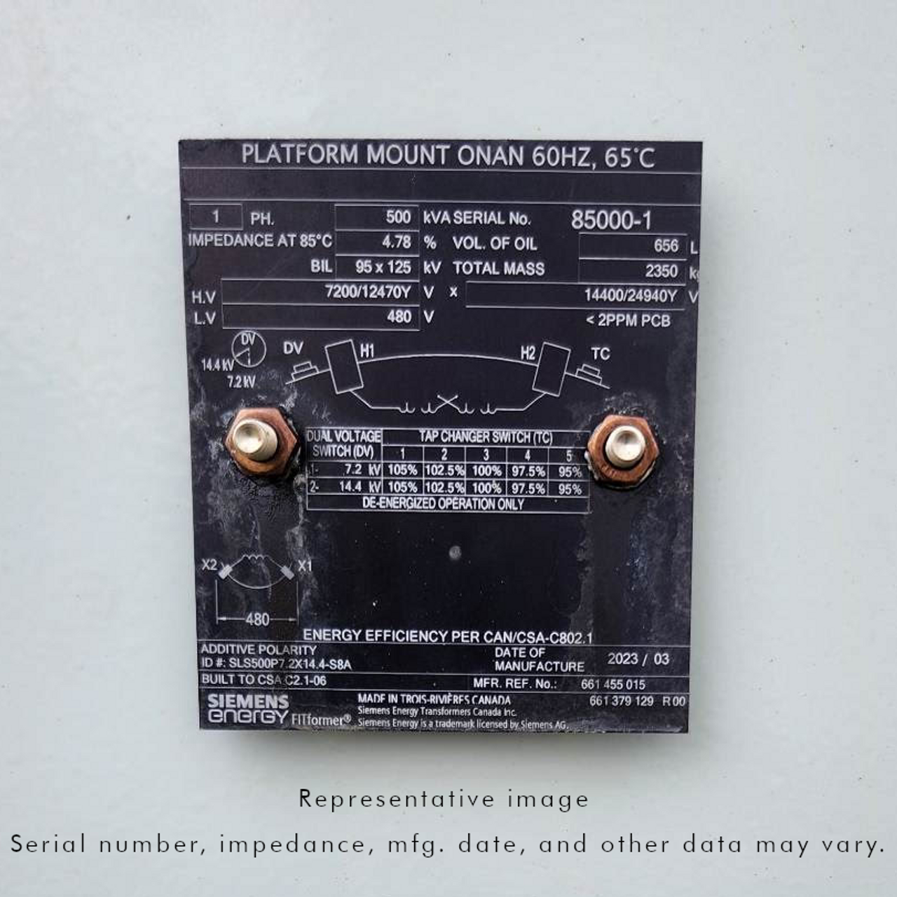 Nameplate of a 500 kVA oil filled ONAN transformer