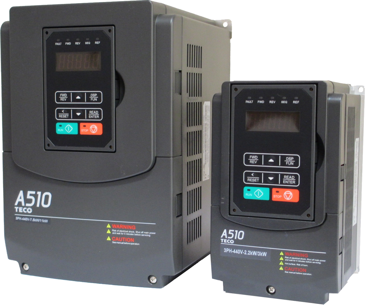 Exterior view of two different chassis sizes of TECO A510 Inverter Drive. Wall-mounted type, IEC IP20, NEMA1.