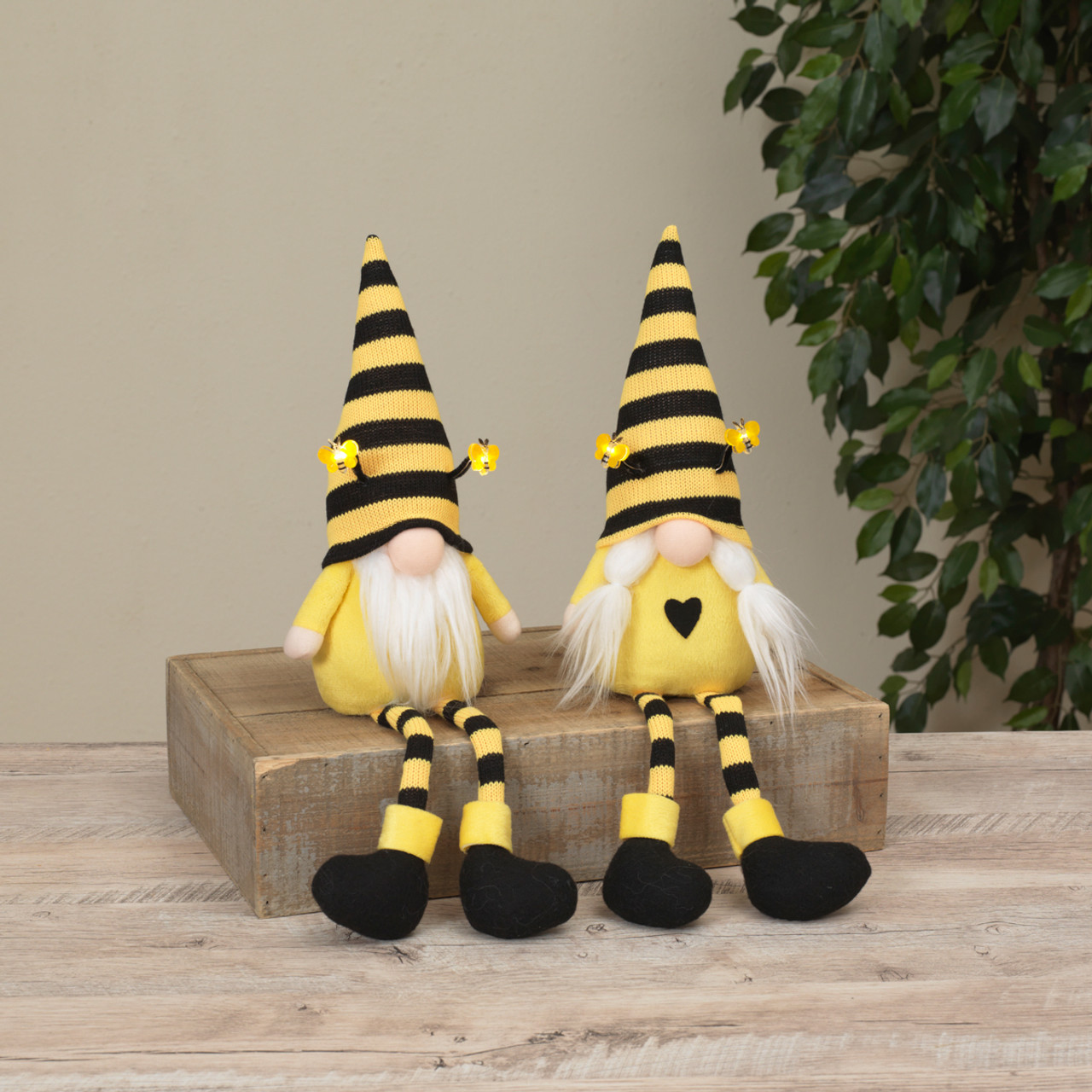 Fabric Sitting Bumblebee Gnomes with LED Body Table Decor, Set of 2