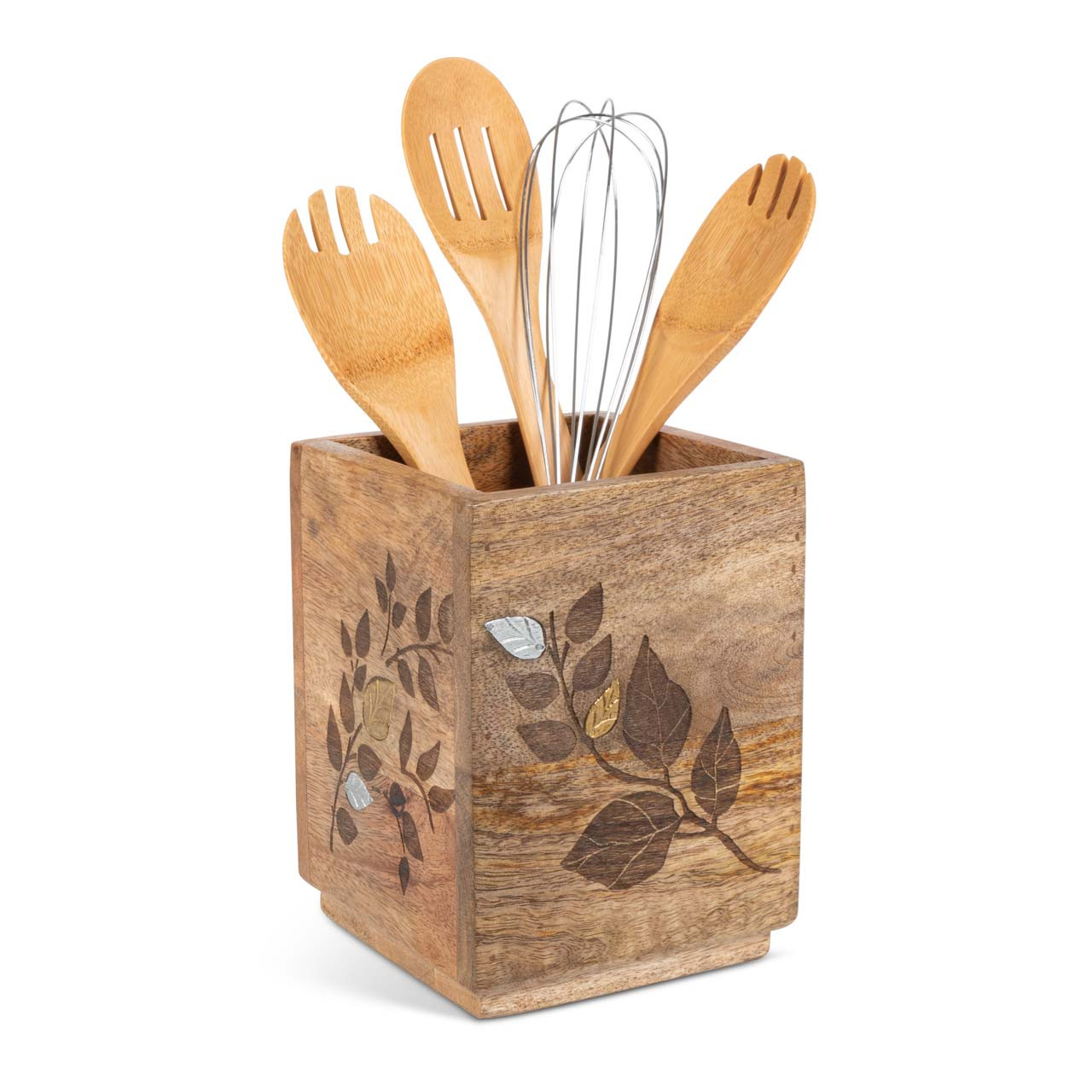 Mango Wood with Laser and Metal Inlay Leaf Design Utensil Holder