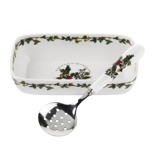 The Holly & The Ivy Cranberry Dish with Slotted Spoon by Portmeirion