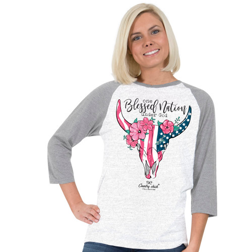 Medium One Blessed Nation White Country Chick Long Sleeve Tee by Simply Southern