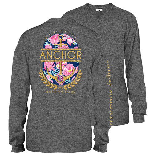 Medium God is My Anchor Dark Heather Gray Long Sleeve Tee by Simply Southern