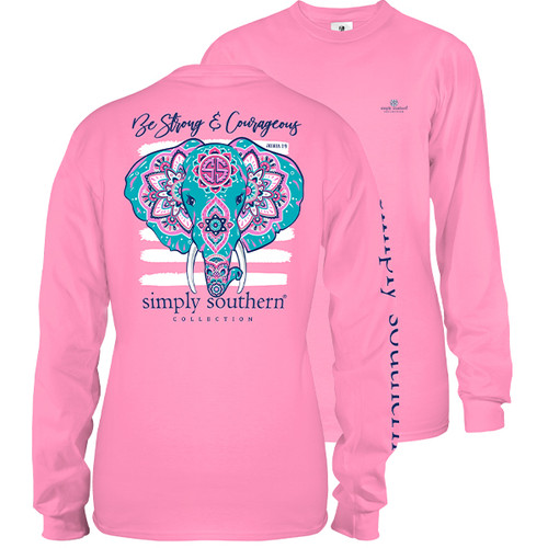 Medium Flamingo Pink Strong and Courageous Elephant Long Sleeve Tee by Simply Southern