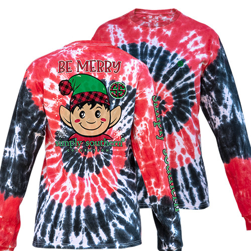 Small Hurricane Tiedye Be Merry Elf Long Sleeve Tee by Simply Southern