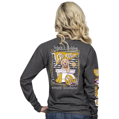 Large Gold and Purple Tailgates & Touchdowns Dark Heather Grey Long Sleeve Tee by Simply Southern
