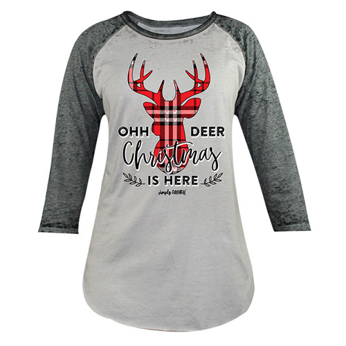 Medium Oh Deer Christmas is Here Gray Simply Faithful Long Sleeve Tee by Simply Southern