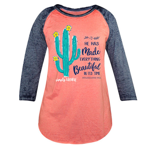 Small Everything Beautiful Coral and Navy Simply Faithful Long Sleeve Tee by Simply Southern