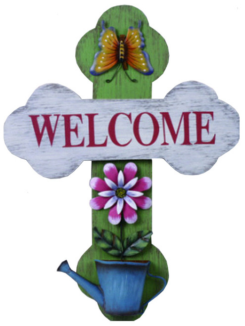 Wooden Welcome Cross -  White and Green