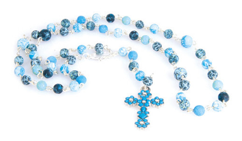 Inspired Rosary Style Cross Necklace - Blue Brook