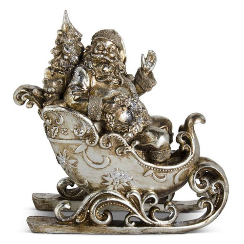 12.75-Inch Antique Silver Santa in Sleigh Figurine