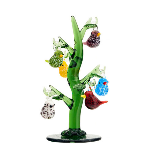 6-Inch Hand-crafted  Blown Glass Tree with Bird Ornaments