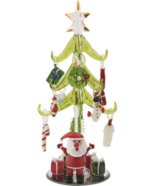 8-Inch Green Glass Tree with Fused Glass Holiday Icon Ornaments