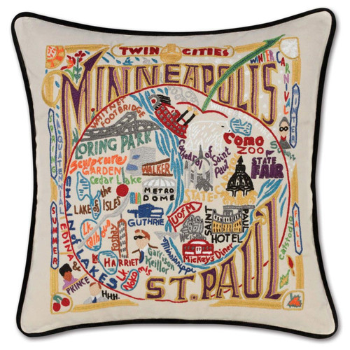 Minneapolis-St. Paul XL Hand-Embroidered Pillow by Catstudio