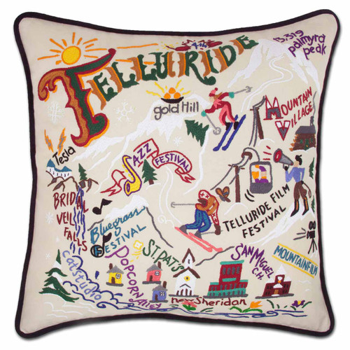 Ski Telluride XL Hand-Embroidered Pillow by Catstudio