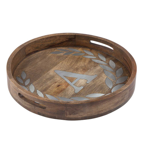 Heritage Mango Wood with Metal Inlay Monogram 20" Tray - A