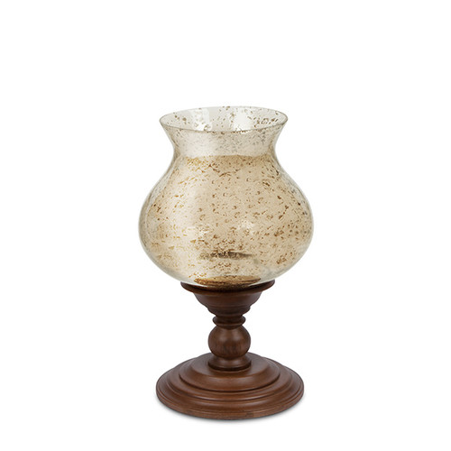 Acanthus 17" Mango Wood & Gold Luster Glass Pedestal Hurricane Candleholder - GG Collection