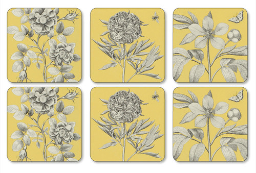 Set of 6 Sanderson Etchings And Roses Yellow Coasters (Assorted) by Pimpernel