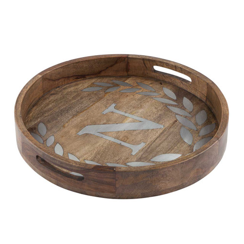 Heritage Mango Wood with Metal Inlay Monogram 20"  Tray - N - GG Collection