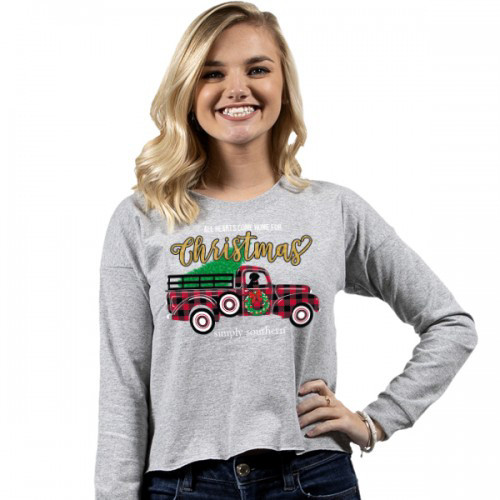 Small All Hearts Come Home For Christmas Heather Shortie Long Sleeve Tee by Simply Southern