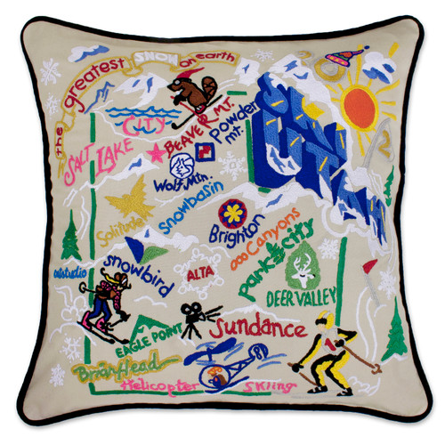 Ski Utah XL Hand-Embroidered Pillow by Catstudio