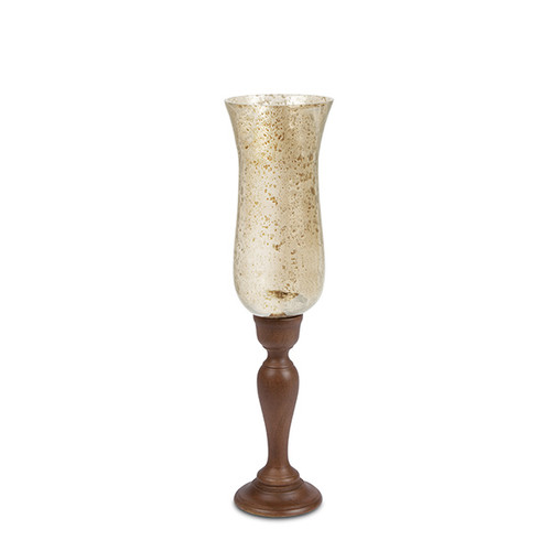 Acanthus 22" Mango Wood & Gold Luster Glass Pedestal Hurricane Candleholder - GG Collection