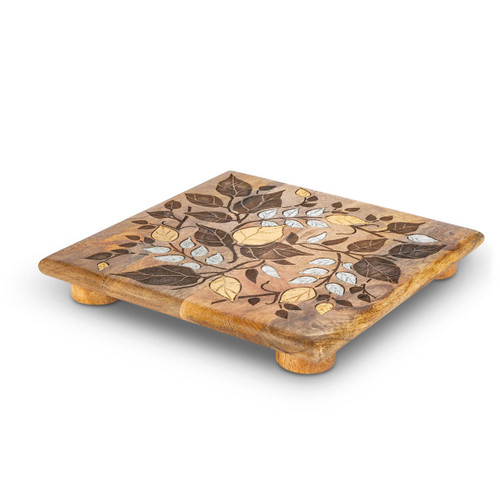 Laser Leaf Mango Wood with Metal Inlay 10" Trivet by GG Collection