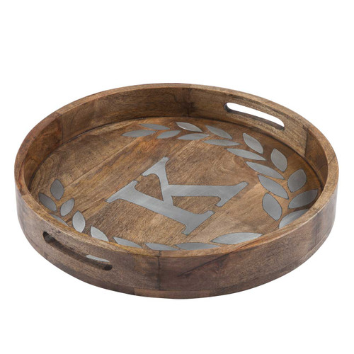 Heritage Mango Wood with Metal Inlay Monogram 20"  Tray - K - GG Collection