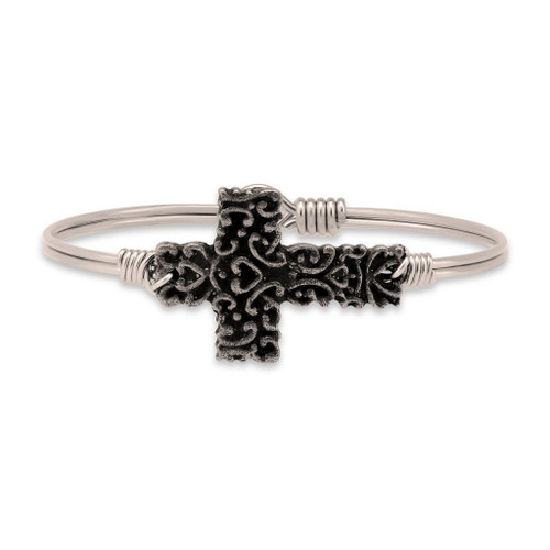 Petite Ornate Cross Silver Tone Bangle Bracelet by Luca and Danni