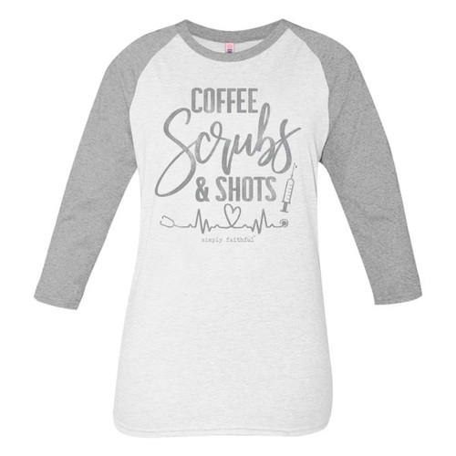 Large Coffee, Scrubs & Shots Simply Faithful Tee by Simply Southern