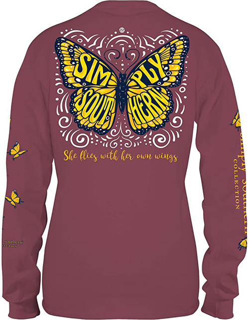 Small Butterfly Flies With Her Own Wings Maroon YOUTH Long Sleeve Tee by Simply Southern