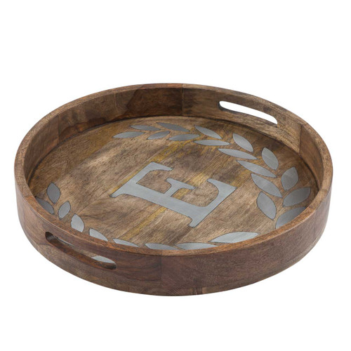 Heritage Mango Wood with Metal Inlay Monogram 20"  Tray - E - GG Collection