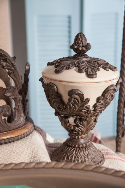 Cream Ceramic Pedestal Nut Bowl with Acanthus Leaf Metal Base - GG-Collection