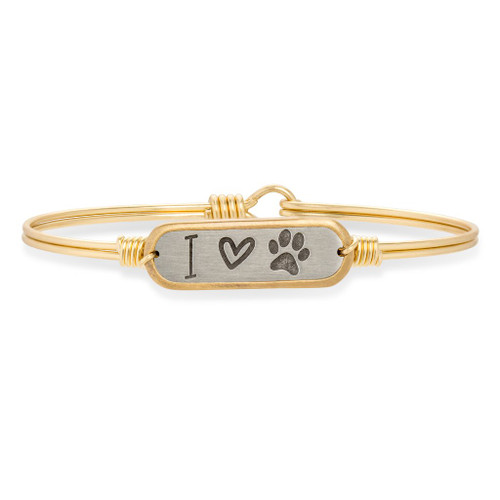 Regular I Love Pawprint Brass Tone Bangle Bracelet by Luca and Danni