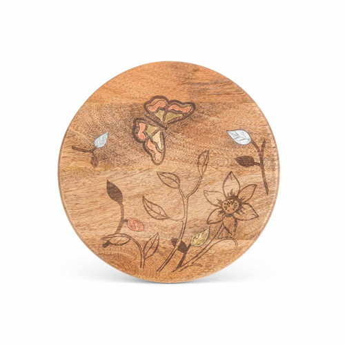Mango Wood with Laser Butterfly Design Round Trivet - GG Collection