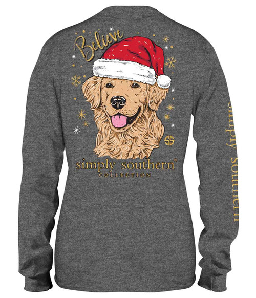 Medium Santa Dog Believe Dark Heather Gray YOUTH Long Sleeve Tee by Simply Southern